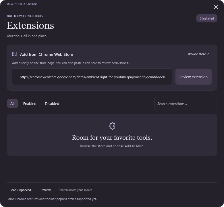 Extensions manager in dark theme