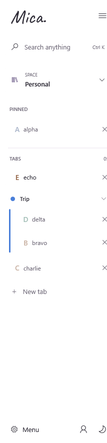 Sidebar with pinned tabs and a tab group
